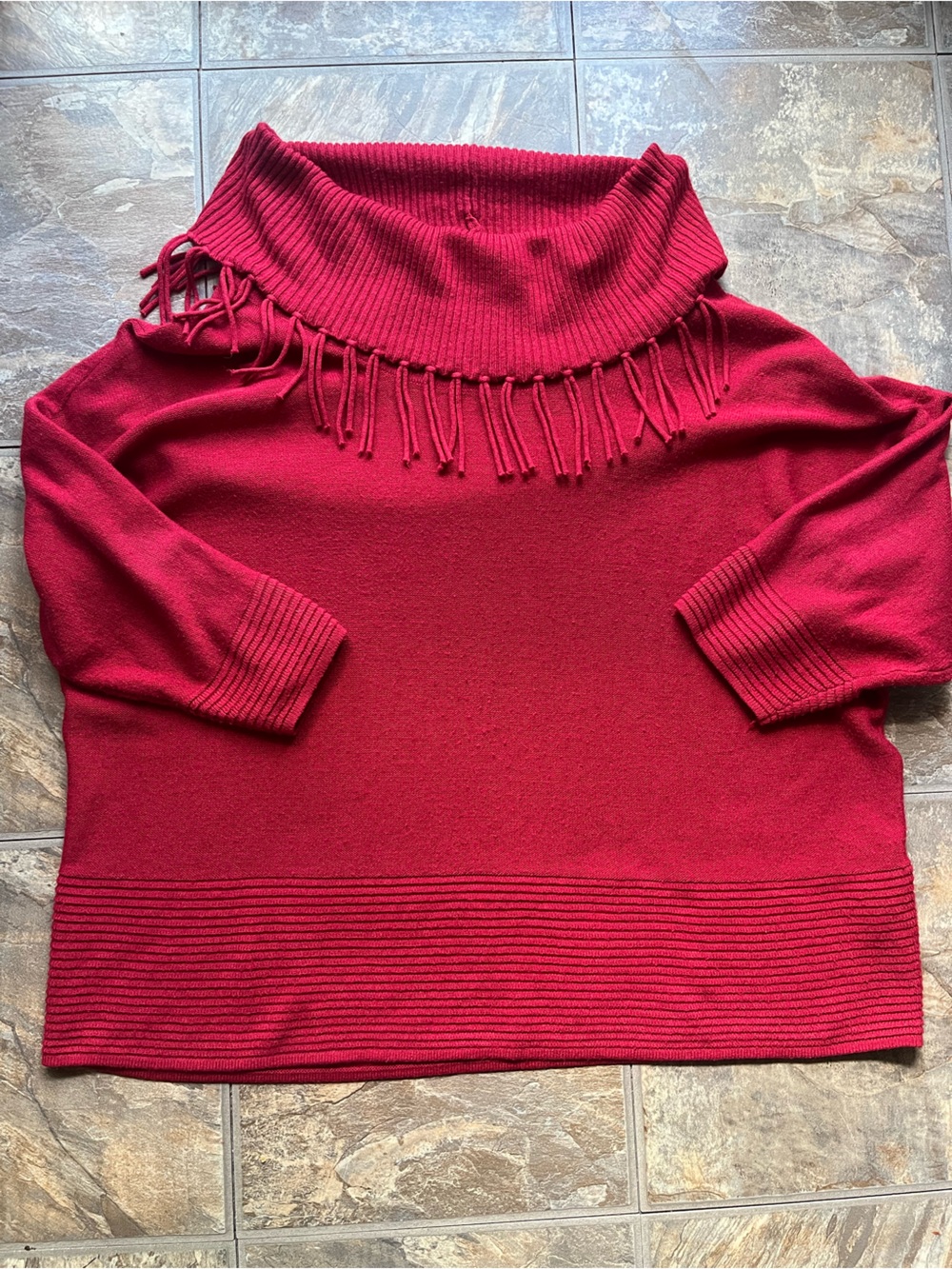 Chico's Red Off-Shoulder Fringe Knit Sweater